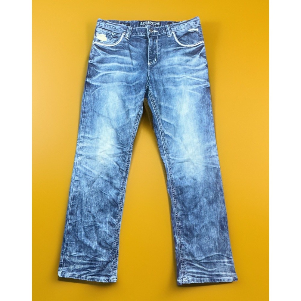 Affliction Grant Men's Jeans 36x32 Blue Distressed Straight Fit Street wear